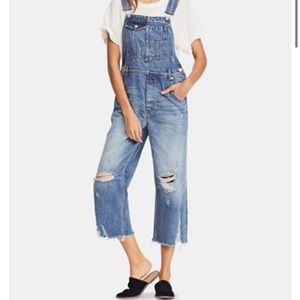 Free People Distressed Baggy Boyfriend Overalls